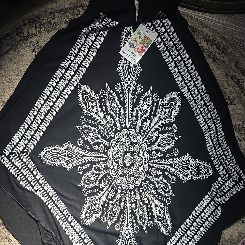India Boutique Black Tank with Crocheted Yoke and White Boho Print - Picture 5 of 6